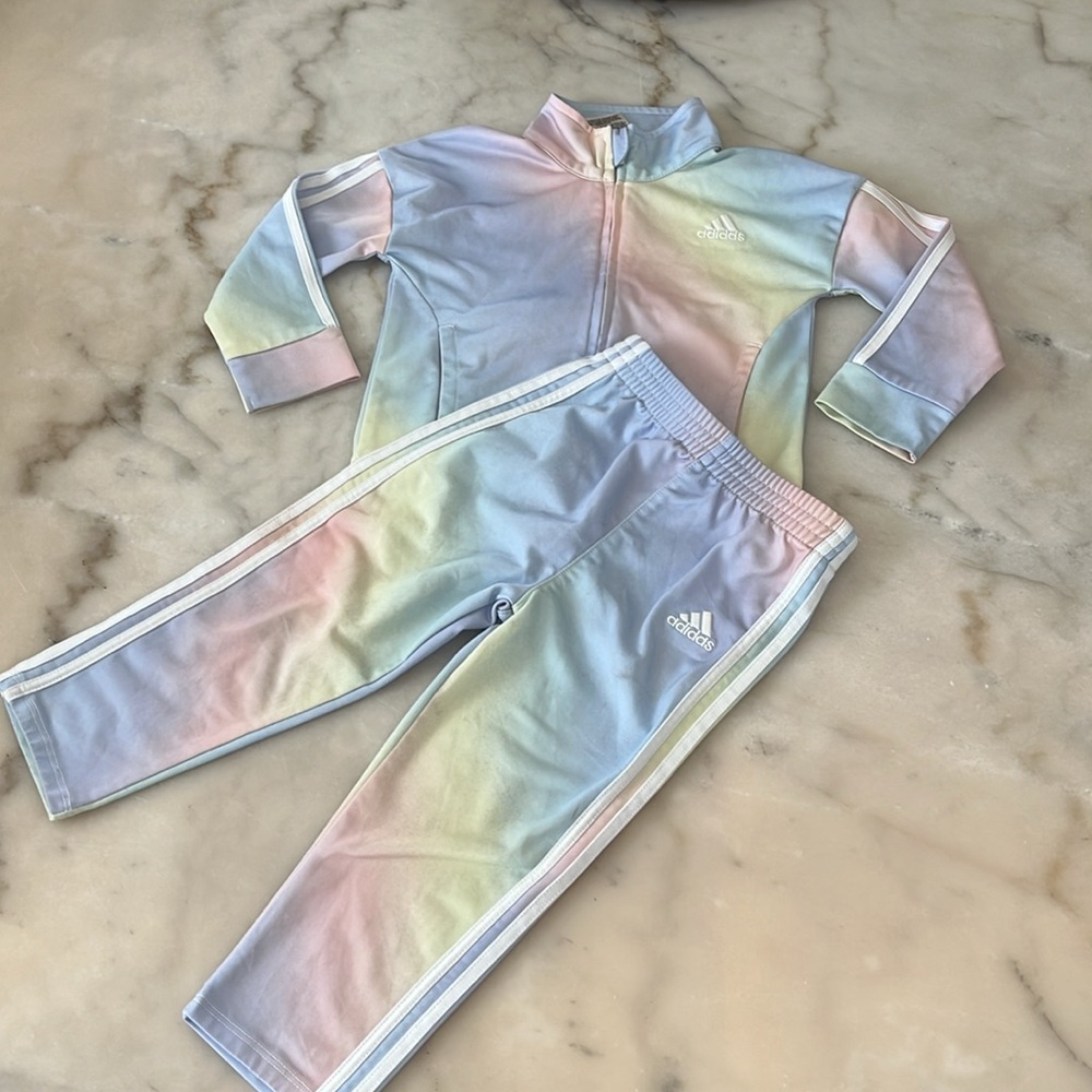Adidas Sz 2 Toddler Girls 2-Pc Iridescent-Print Tricot Unicorn Pastel Tracksuit - Picture 4 of 16